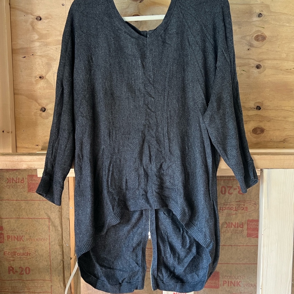 Express Charcoal gray lightweight Knit Sweater v neck full zipper back. Size L.